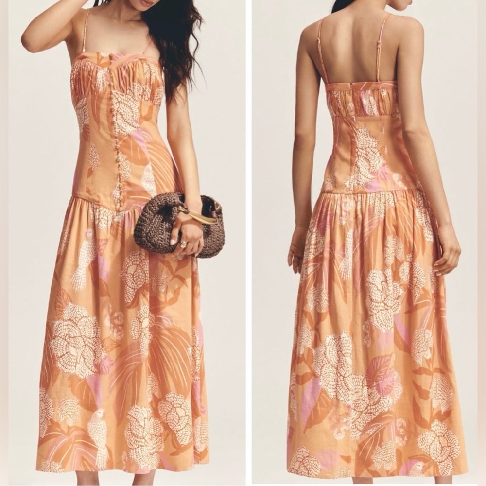 Farm Rio Linen Blend Strapless Drop-Waist Maxi Dress, Size L